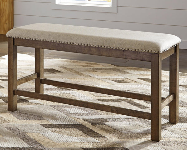 Moriville beige upholstered counter height dining bench front angle