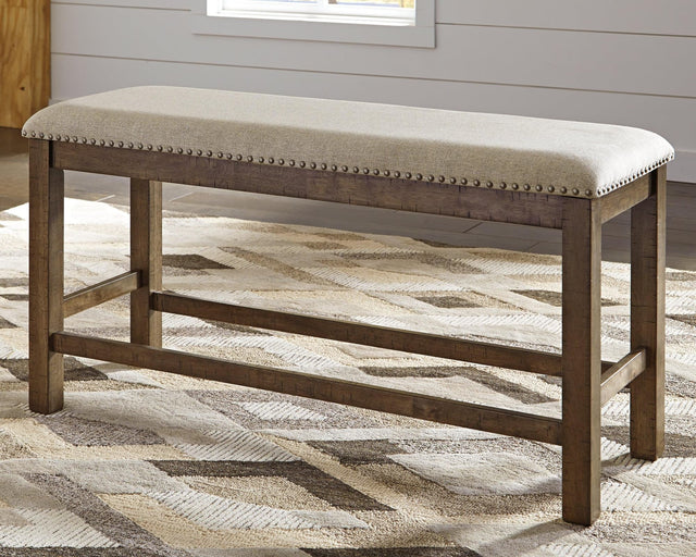 Moriville beige upholstered counter height dining bench front angle