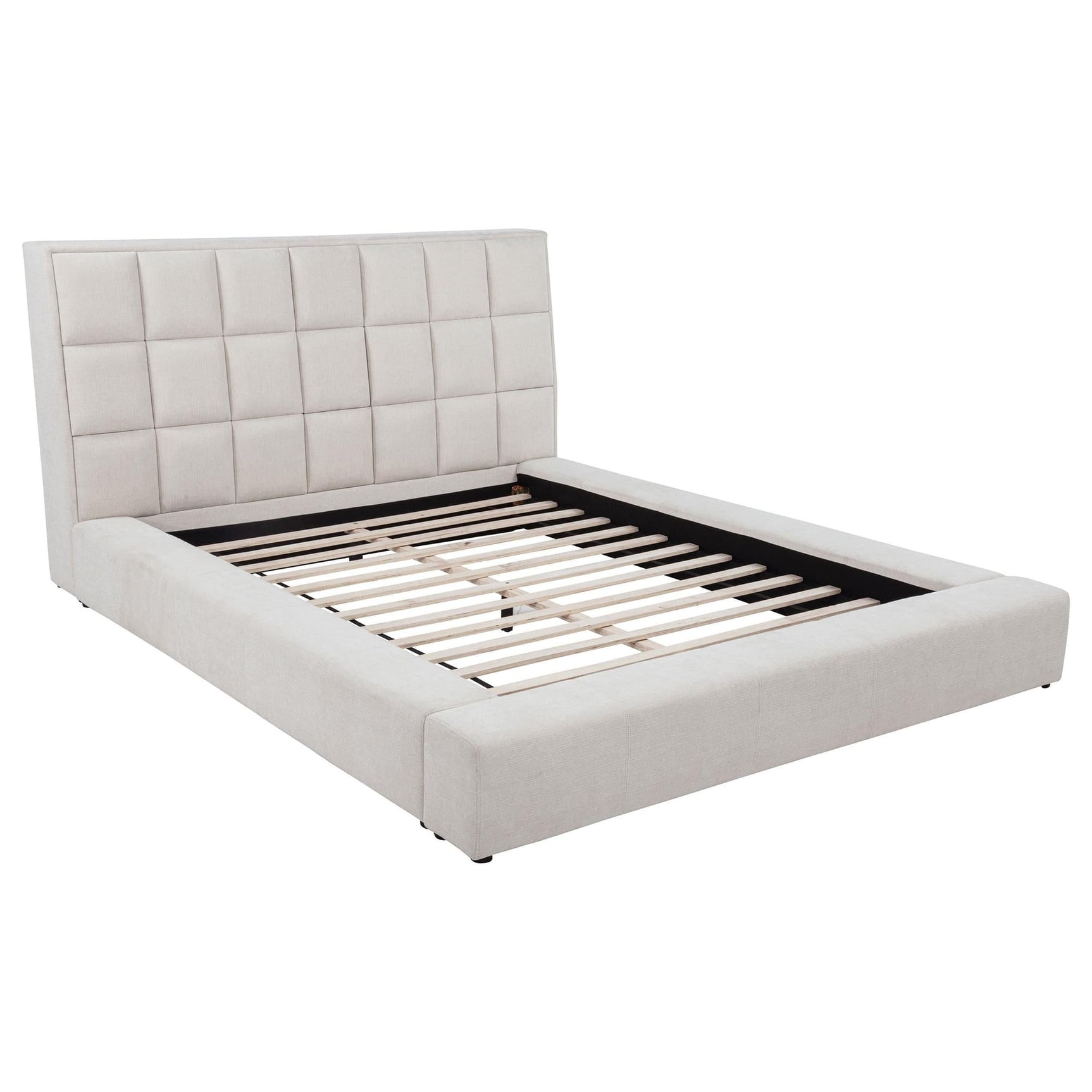 Dreux Eastern King Upholstered Cream Platform Bed, front angle view with square-tufted headboard