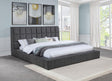 Dreux Eastern King Upholstered Grey Panel Platform Bed front view with tufted headboard