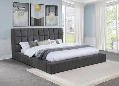 Dreux Upholstered Queen Panel Platform Bed Grey, front angle showing headboard