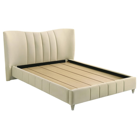 Evelyn ivory upholstered queen panel platform bed front view