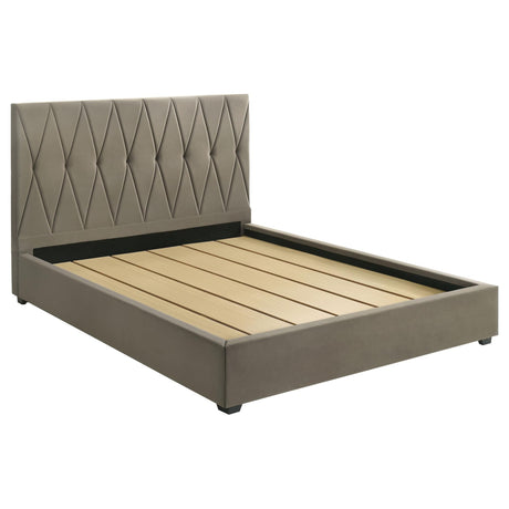 Delsea Eastern King light brown upholstered platform bed front view