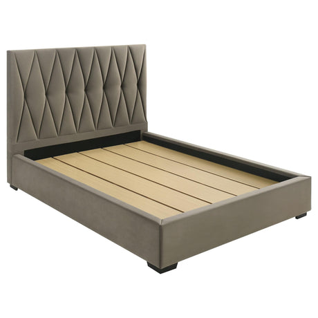 Delsea Queen Platform Bed side angle showing tufted headboard