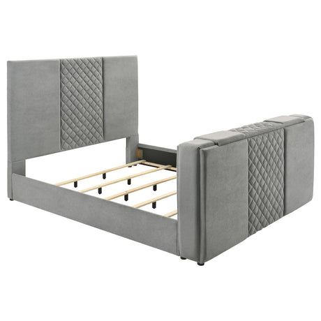 Tara 61-inch Upholstered Eastern King Panel Bed Grey angled front view
