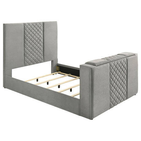 Tara 61-inch grey velvet upholstered queen panel bed with motorized TV lift, front view