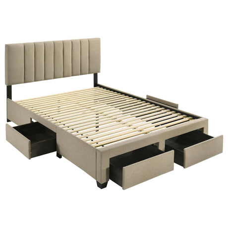Wheatland Eastern King Upholstered Storage Bed Brown front view with vertical channeled headboard