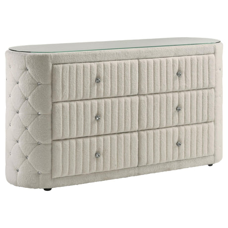Sonya 6-drawer upholstered ivory bedroom dresser front view