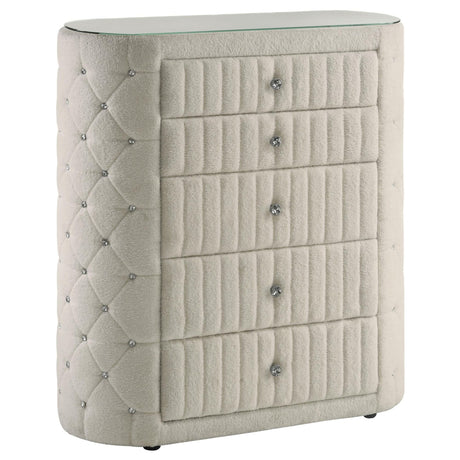 Sonya 5-drawer upholstered chest of drawers in ivory, front view