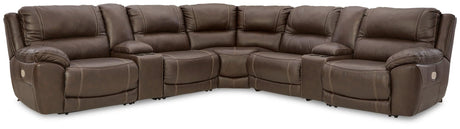 Dunleith chocolate leather 7-piece power reclining sectional sofa frontal view