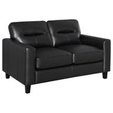 Scotland black faux leather loveseat, front angle