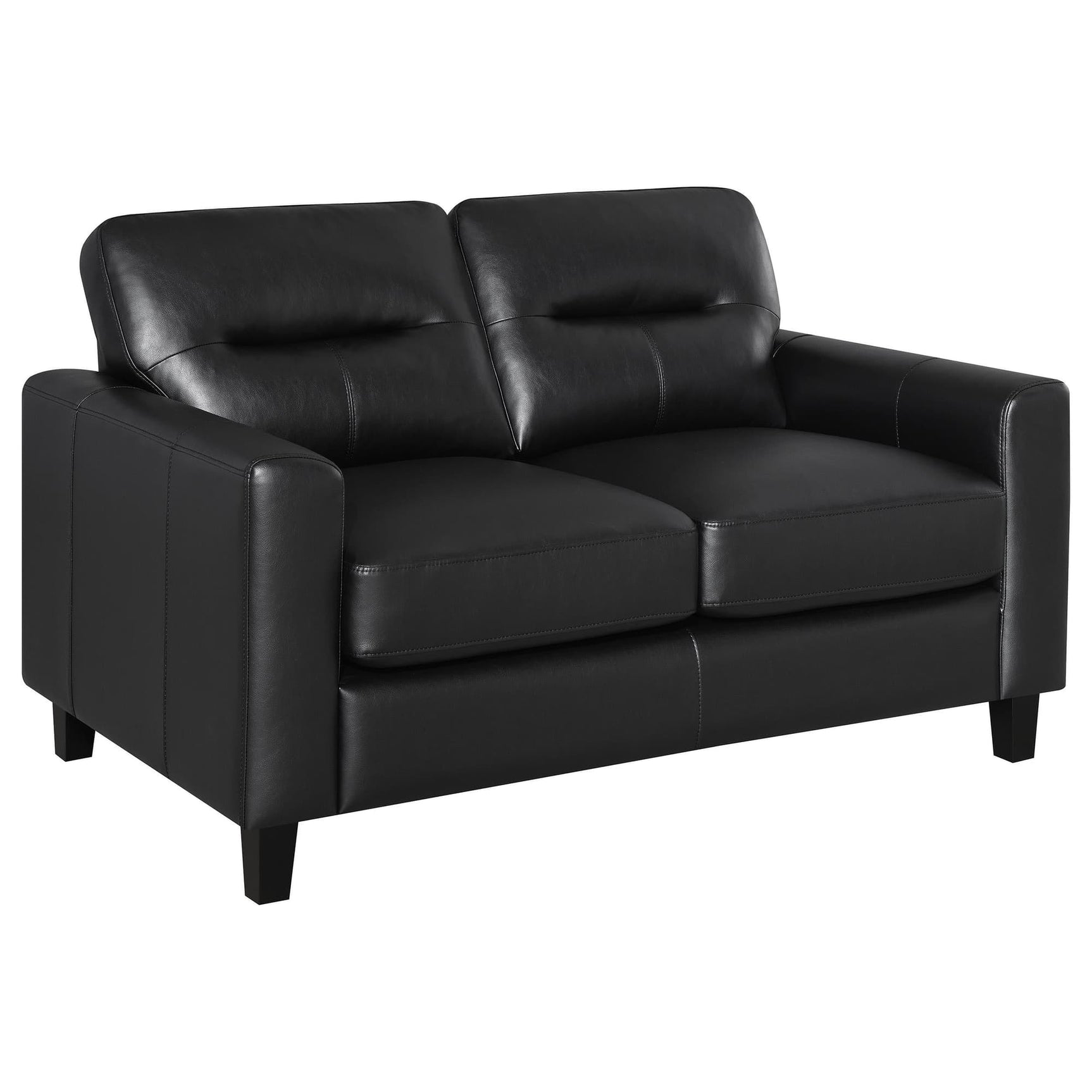 Scotland black faux leather loveseat, front angle