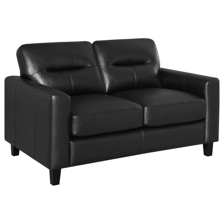 Scotland black faux leather loveseat, front angle