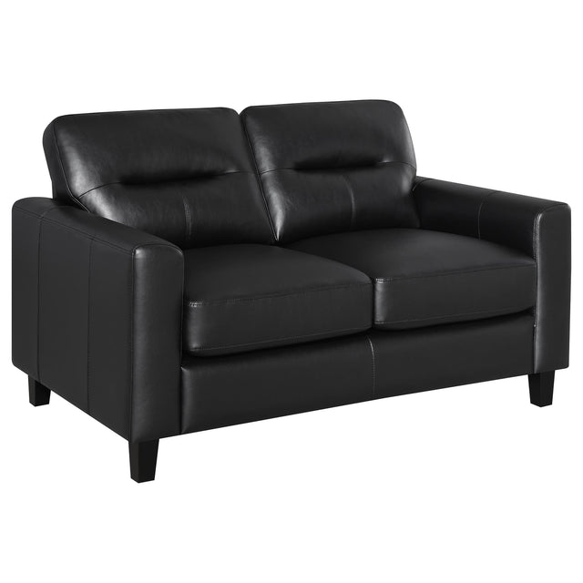 Scotland black faux leather loveseat, front angle