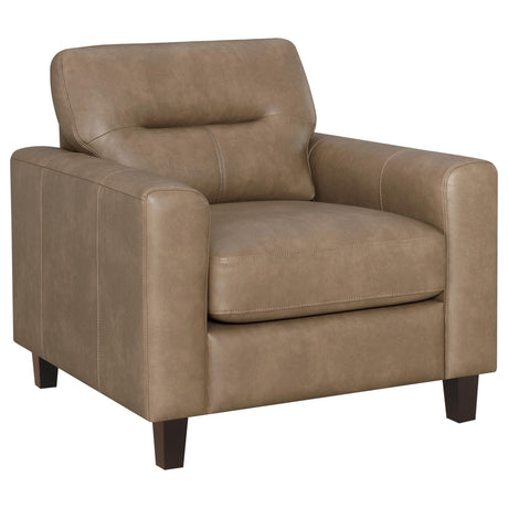 Scotland brown faux leather upholstered track arm chair front view