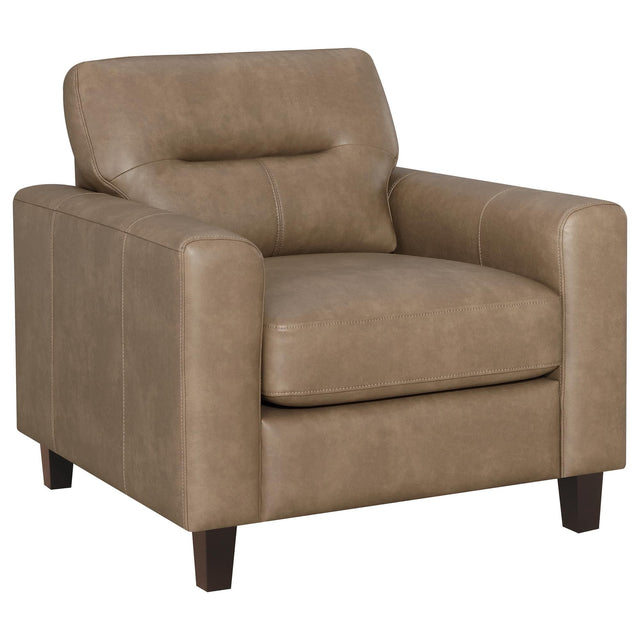 Scotland brown faux leather upholstered track arm chair front view