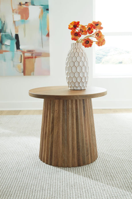 Ceilby Natural Wood Accent Table with fluted base, front angle