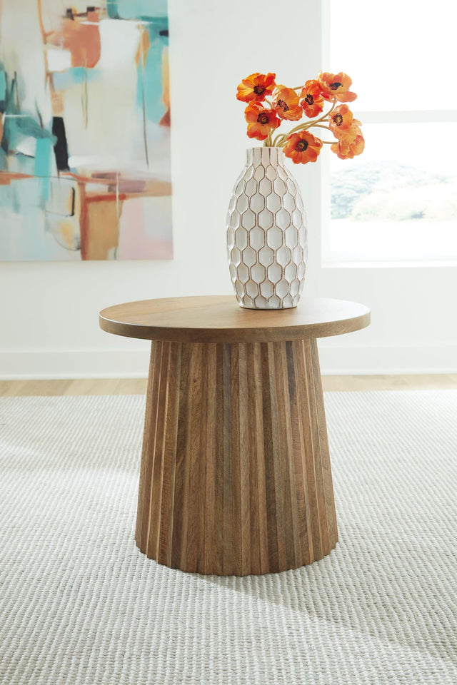 Ceilby Natural Wood Accent Table with fluted base, front angle