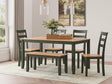 Gesthaven Natural Green rectangular dining table with 4 chairs and bench front view