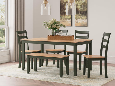 Gesthaven Natural Green rectangular dining table with 4 chairs and bench front view