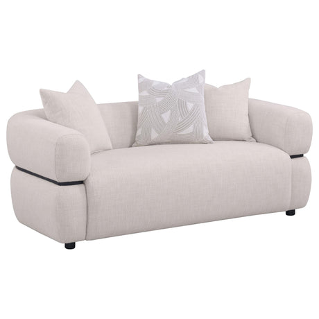 Jeanette beige fabric upholstered round arm loveseat front view