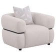 Jeanette beige fabric upholstered round arm accent chair front view