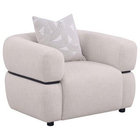 Jeanette beige fabric upholstered round arm accent chair front view