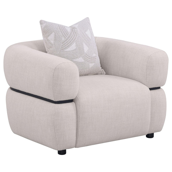 Jeanette beige fabric upholstered round arm accent chair front view