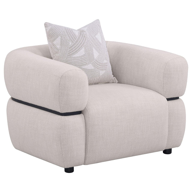 Jeanette beige fabric upholstered round arm accent chair front view