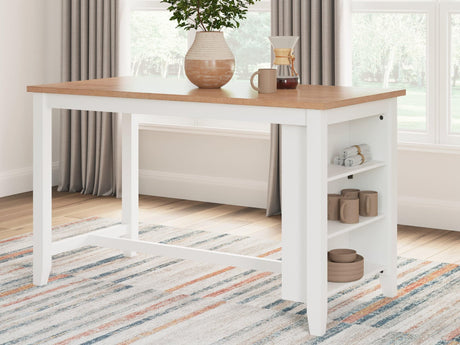 Gesthaven Natural/White Counter Height Dining Table - angled front view showing three storage shelves