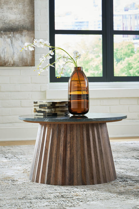 Ceilby round black and brown accent coffee table, front view