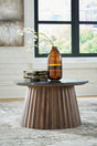 Ceilby round black and brown accent coffee table, front view