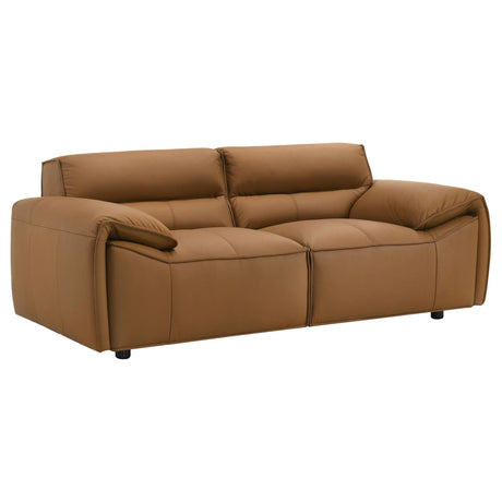 Buxton orange top grain leather loveseat front angle