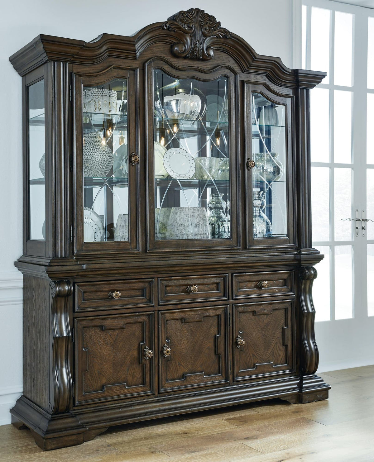 Maylee dark brown dining buffet and hutch front view