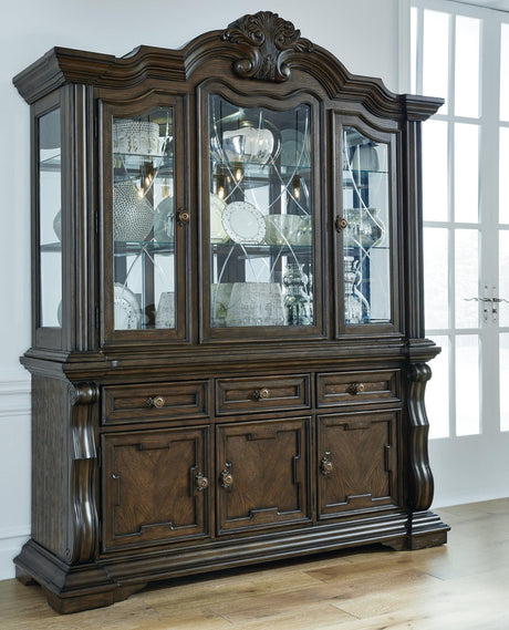 Maylee dark brown dining buffet and hutch front view