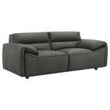 Buxton loveseat in graphite leather angled view