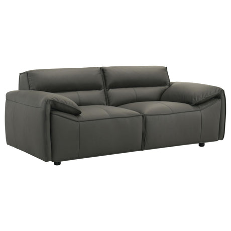 Buxton loveseat in graphite leather angled view