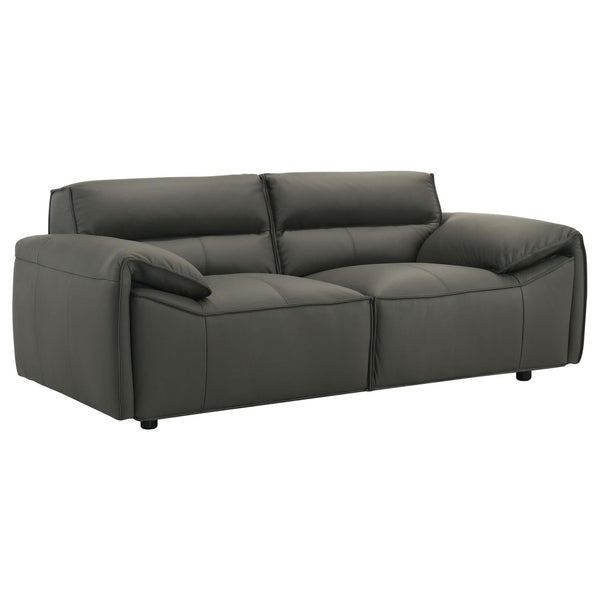 Buxton loveseat in graphite leather angled view