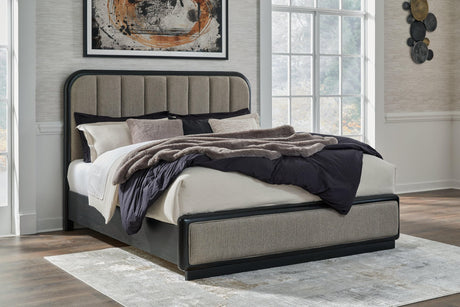 Rowanbeck King Upholstered Panel Bed front view, gray upholstery and black finish