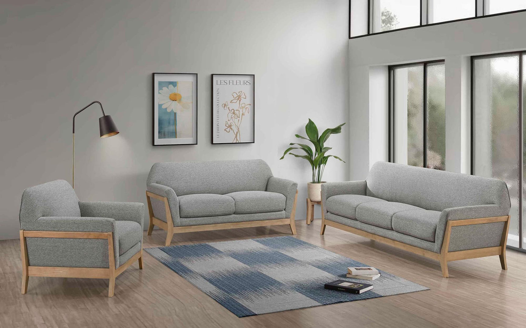 Main view of Vaughn 3-piece grey fabric upholstered sofa and loveseat set