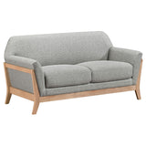 Vaughn grey fabric upholstered loveseat front view with flared arms