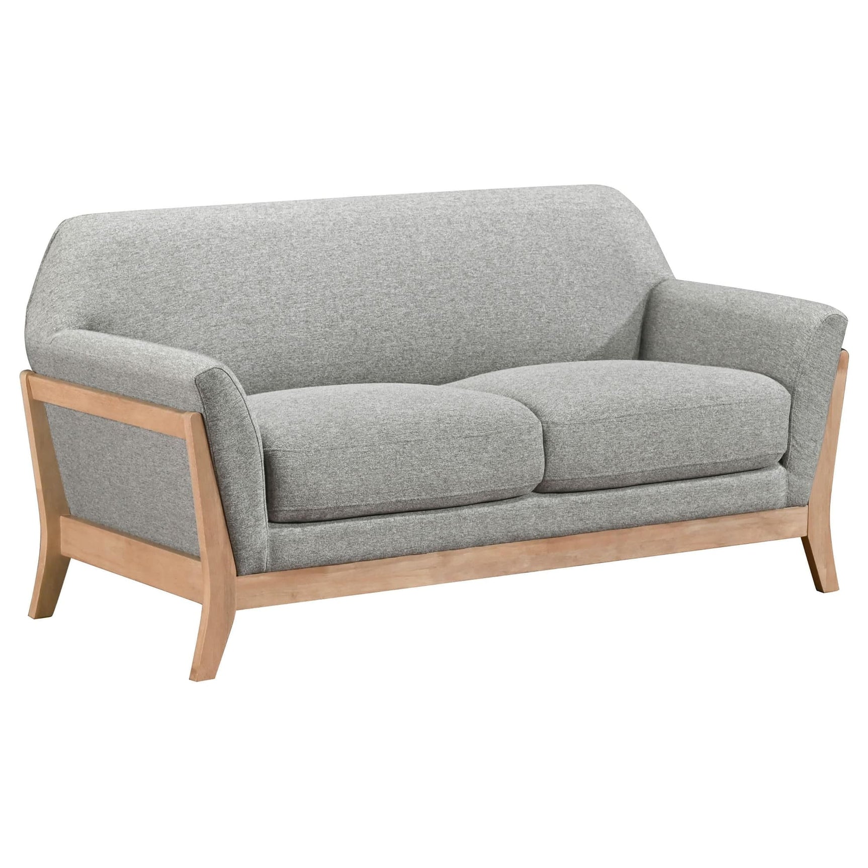 Vaughn grey fabric upholstered loveseat front view with flared arms