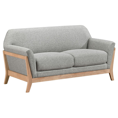 Vaughn grey fabric upholstered loveseat front view with flared arms