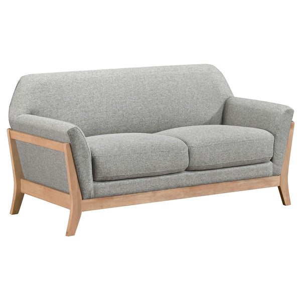 Vaughn grey fabric upholstered loveseat front view with flared arms