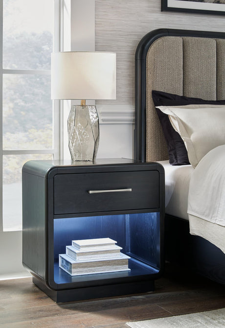 Rowanbeck Black Nightstand front view with LED nightlight lit
