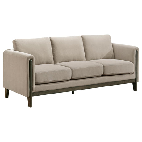 Islington taupe fabric upholstered panel arm sofa main view