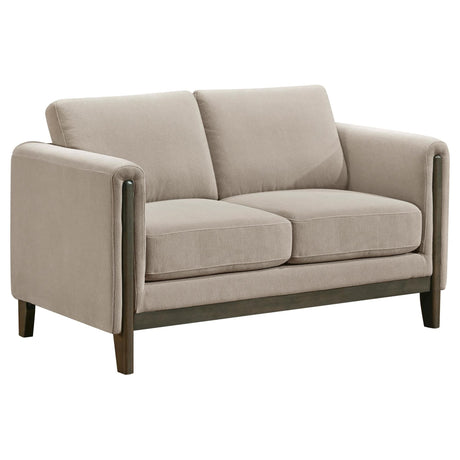 Islington taupe fabric upholstered loveseat front view