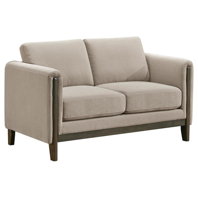 Islington taupe fabric upholstered loveseat front view