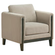 Islington taupe fabric upholstered panel arm accent chair front view