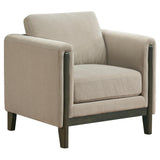 Islington taupe fabric upholstered panel arm accent chair front view